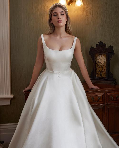 La23232 satin backless wedding dress with buttons and pockets1